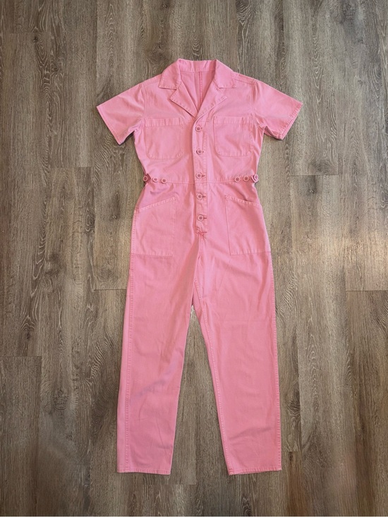pistola Pants - Pistola Pink Short Sleeve Button Front Utility Jumpsuit Straight Leg
